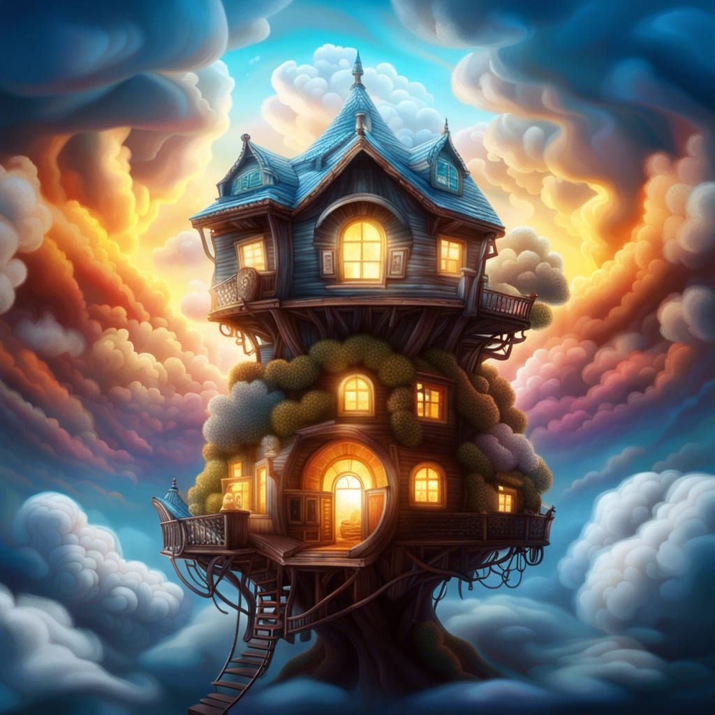 Surreal Cloud Treehouse in a Hyperrealistic Painting