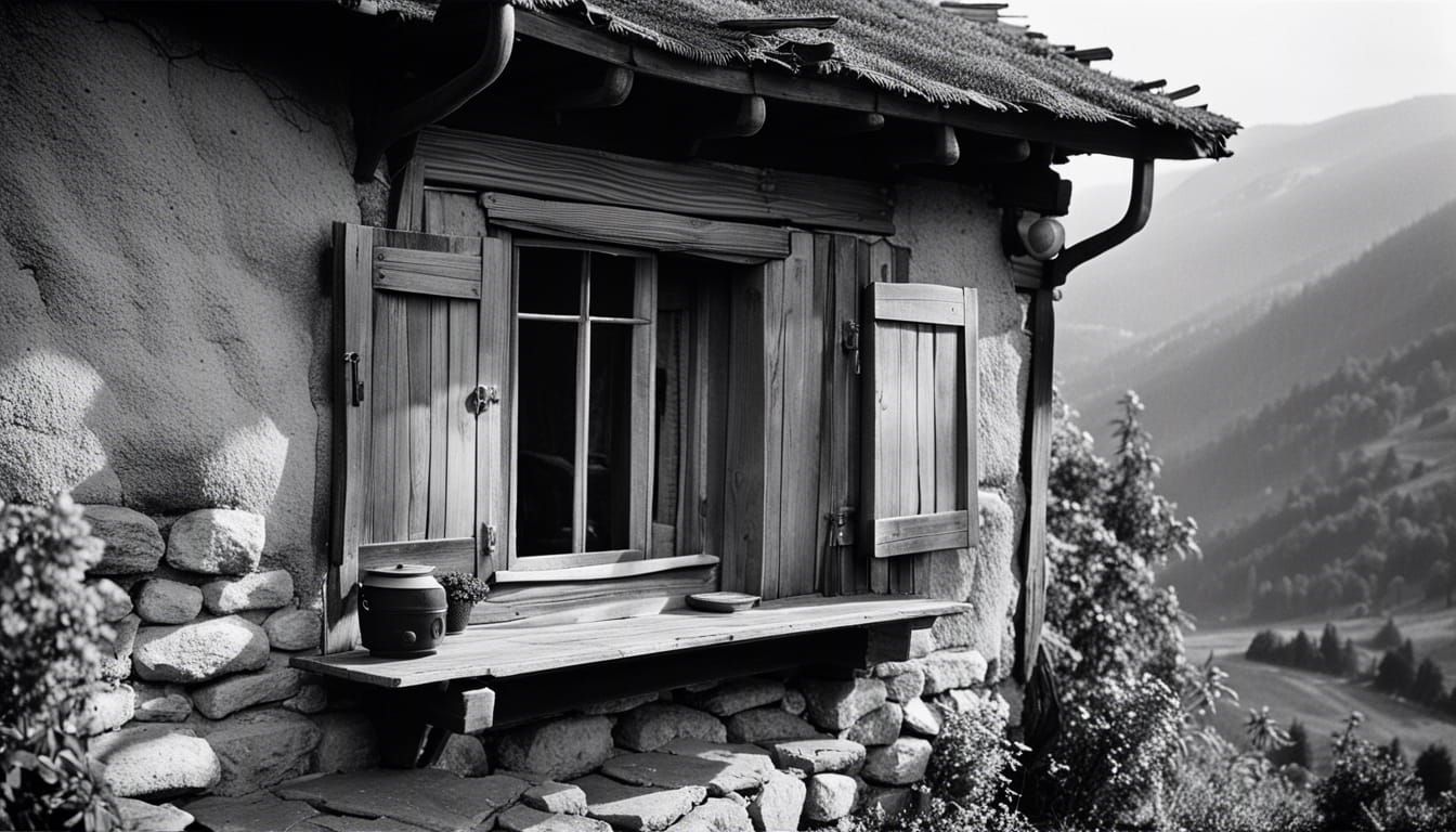 Rustic House on Mountain Cliffside, Vintage Photography