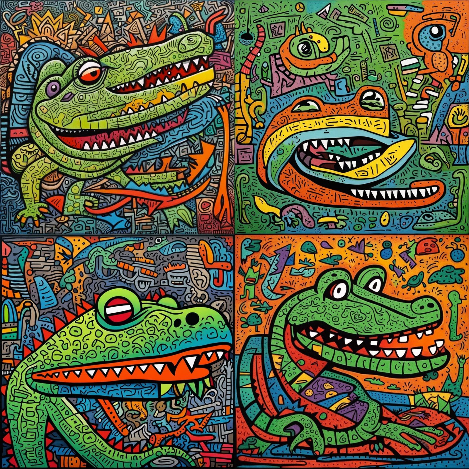 Crocodile Doodles Art with Frog in Surreal Cubism Style