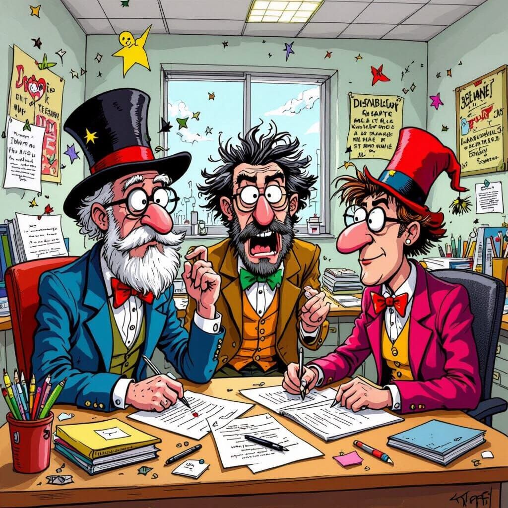 Chaotic Testing Office Scene in Whimsical Style