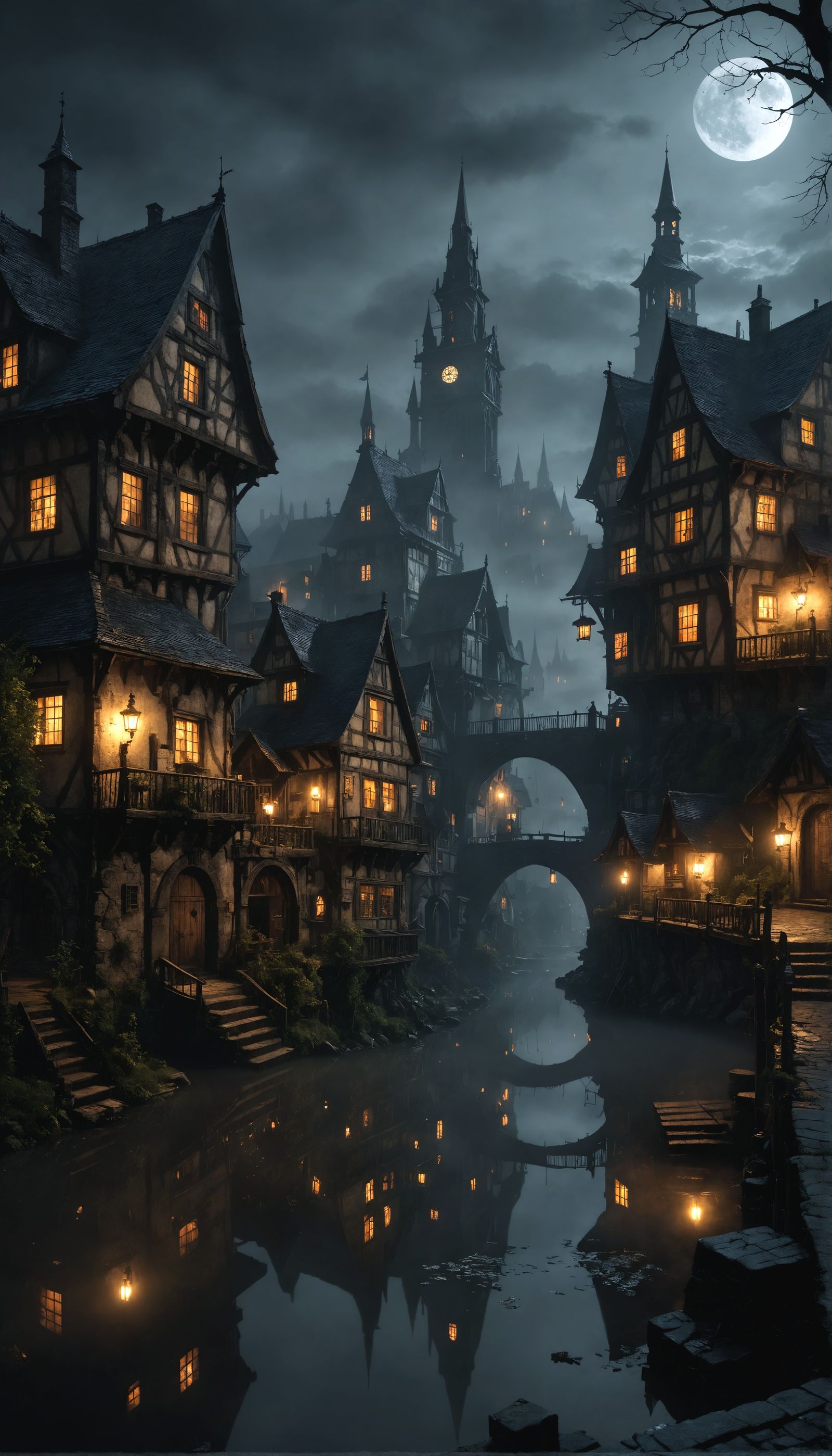 Misty Fantasy Town at Night in Hyper-Realism