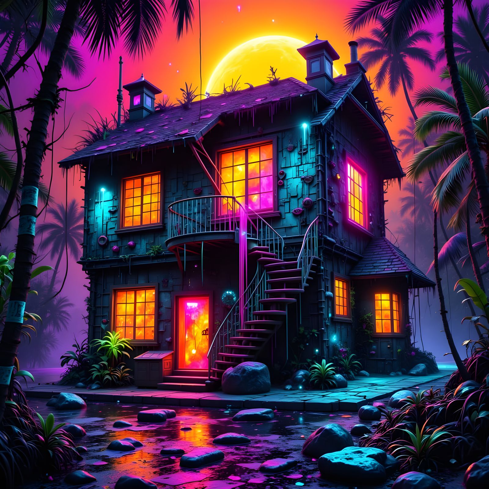 Overgrown Jungle Shotgun Shack with Neon Graffiti Art