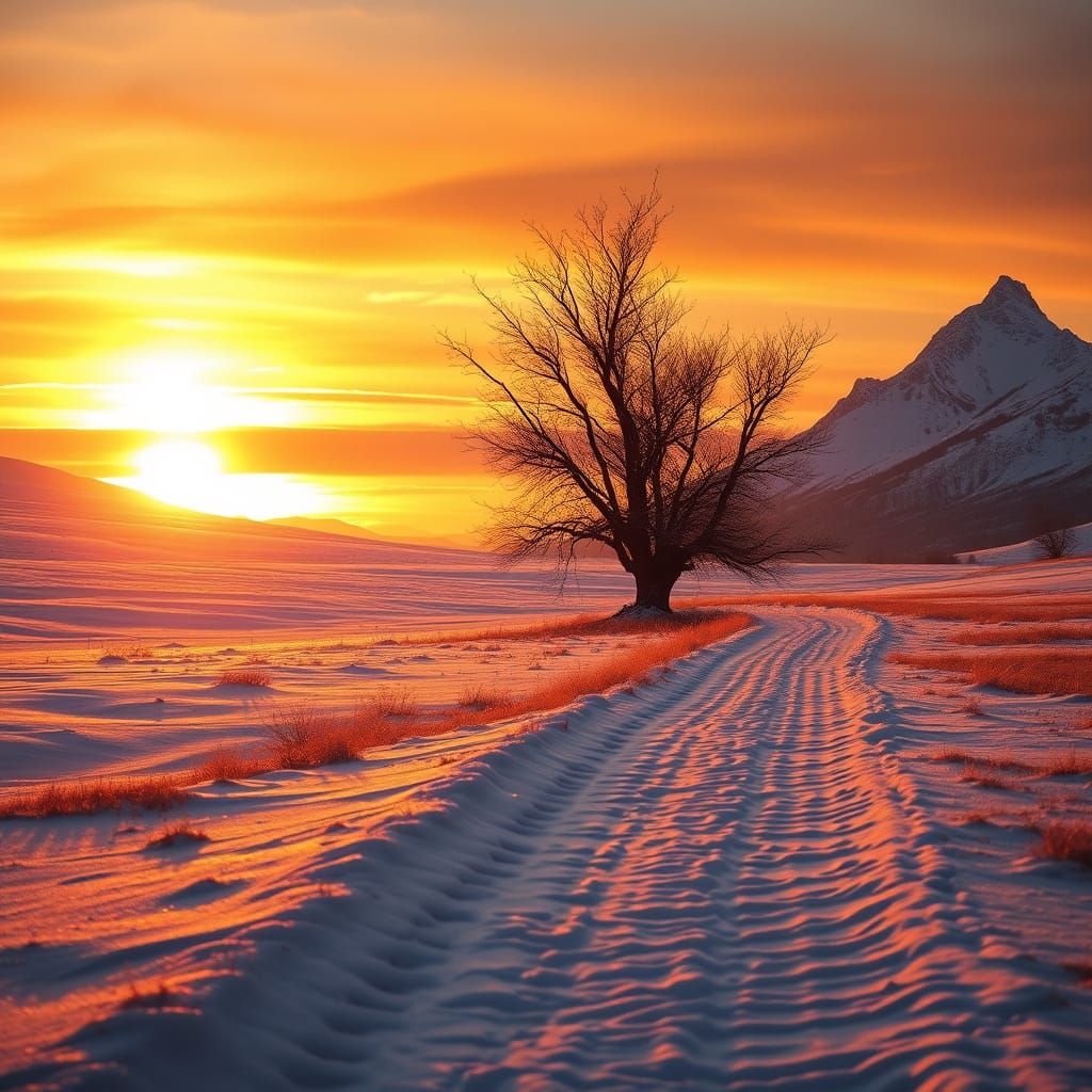 Winter Sunset Landscape with Snowy Path and Bare Tree
