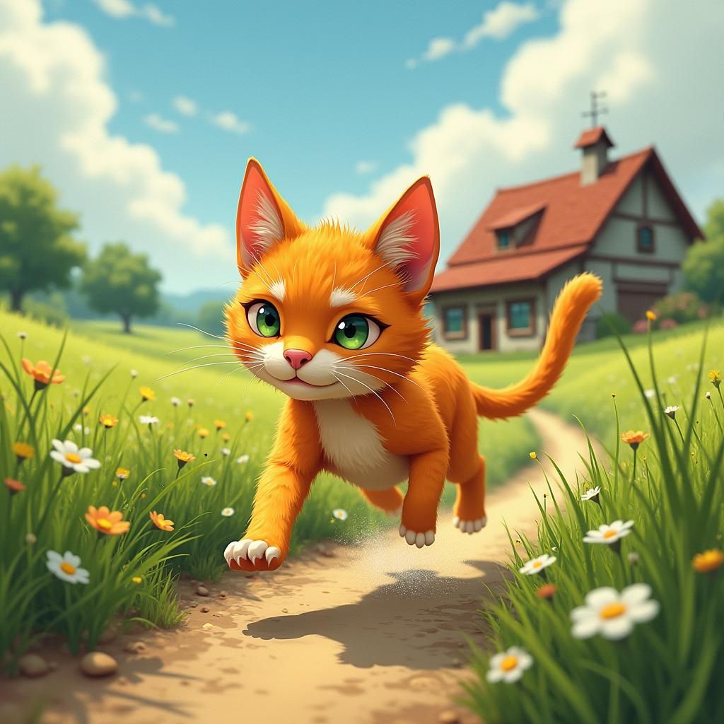 Agile Cat Runs Across Farm in Impressionist Style