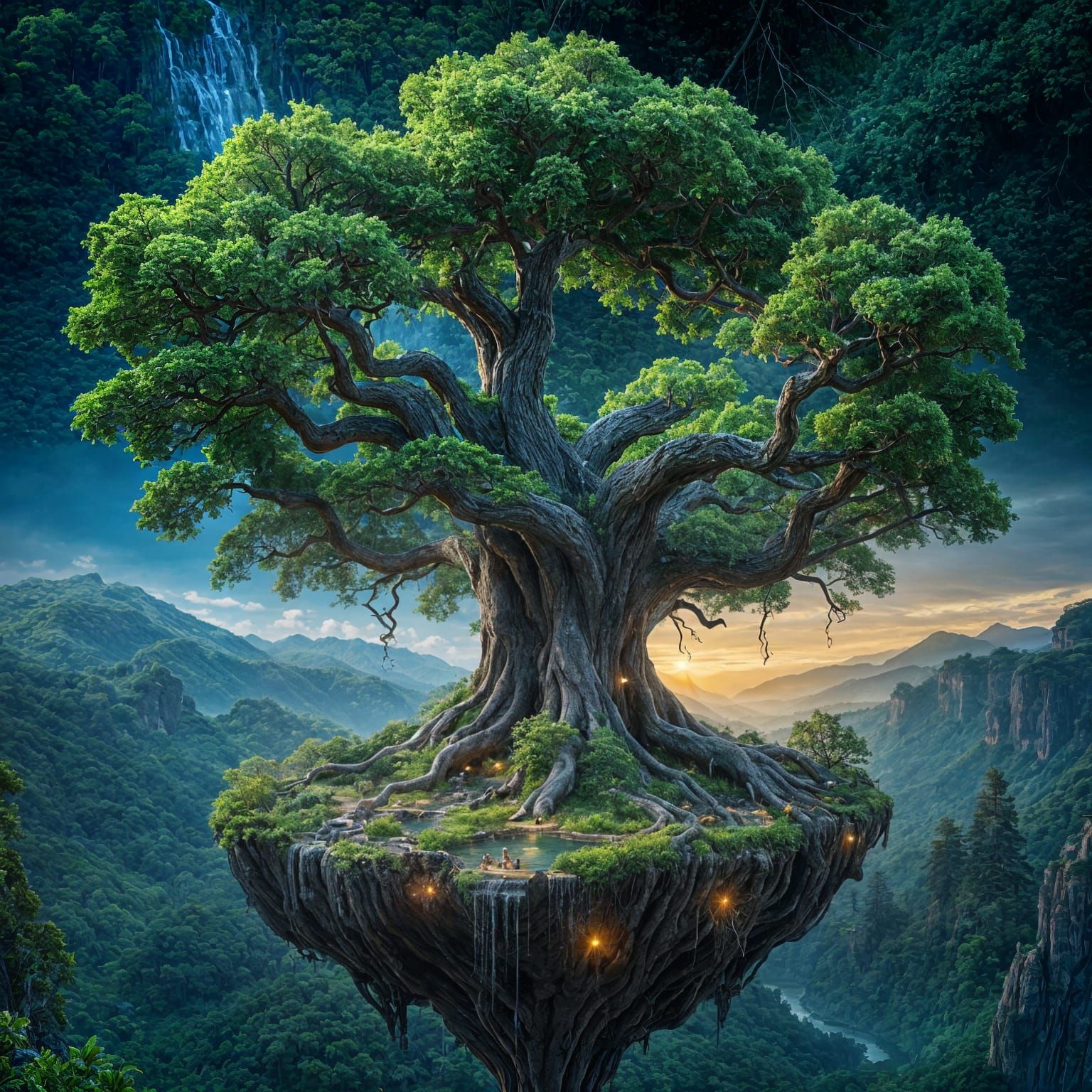 Tree of Life on Floating Island with Waterfall
