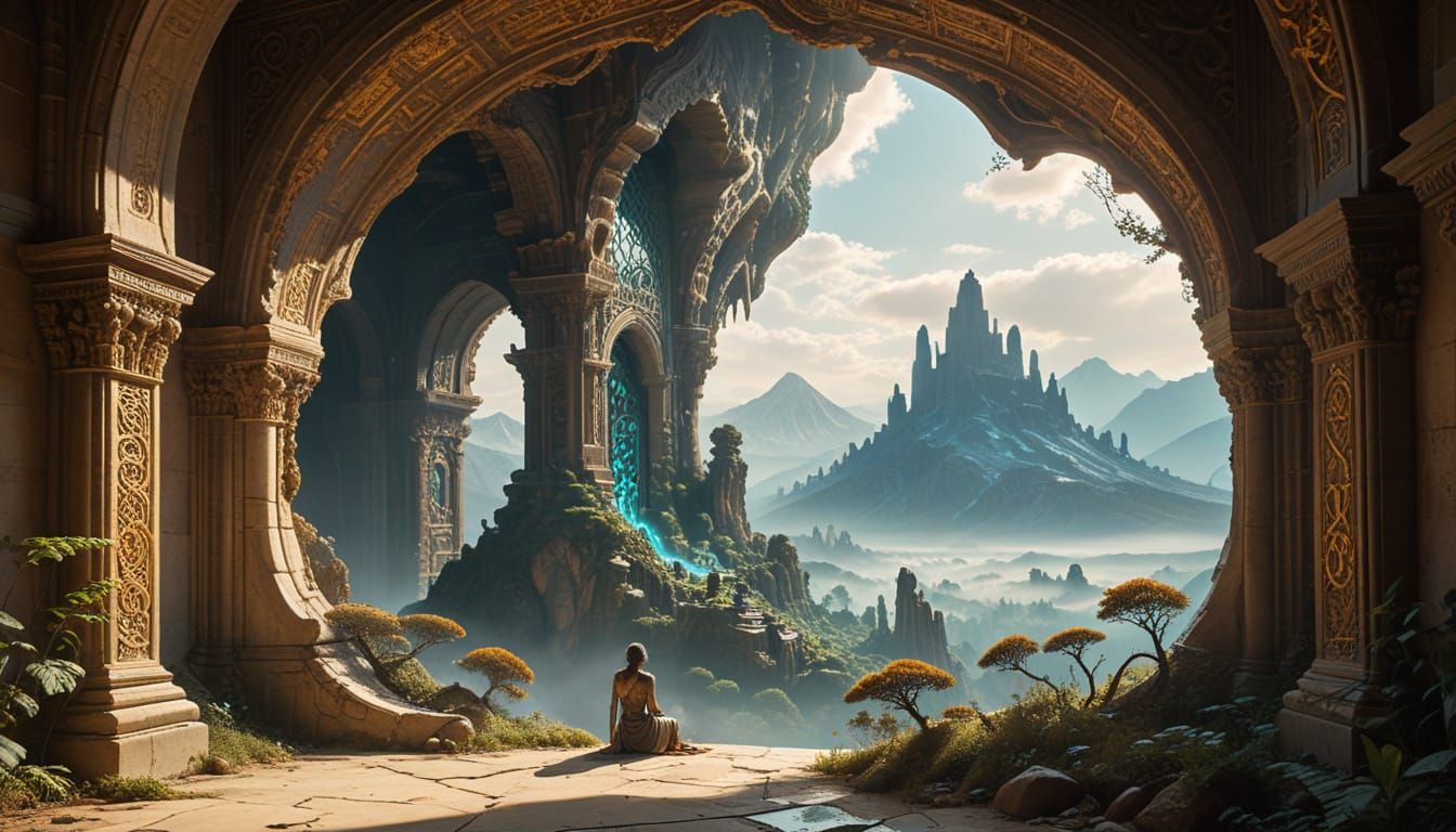 Lone Figure Gazes at Surreal Hills and Text Speech Bubble