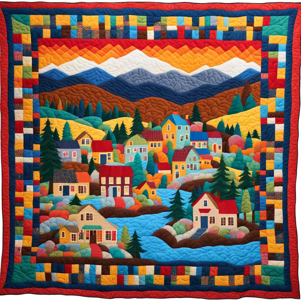 Brightly Colored Quilt of Mountain Town Scene