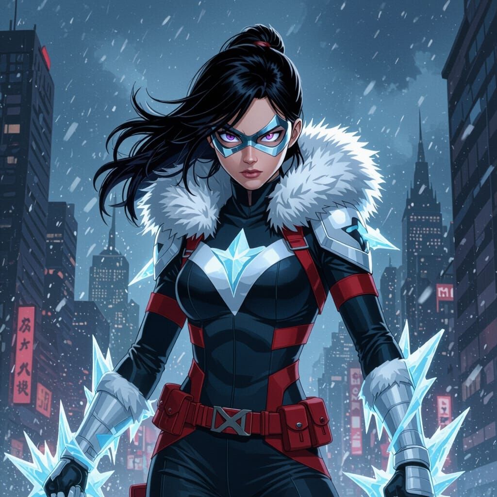 Icy Superhero in Dark Cityscape, Hyper-Realistic Painted Sty...