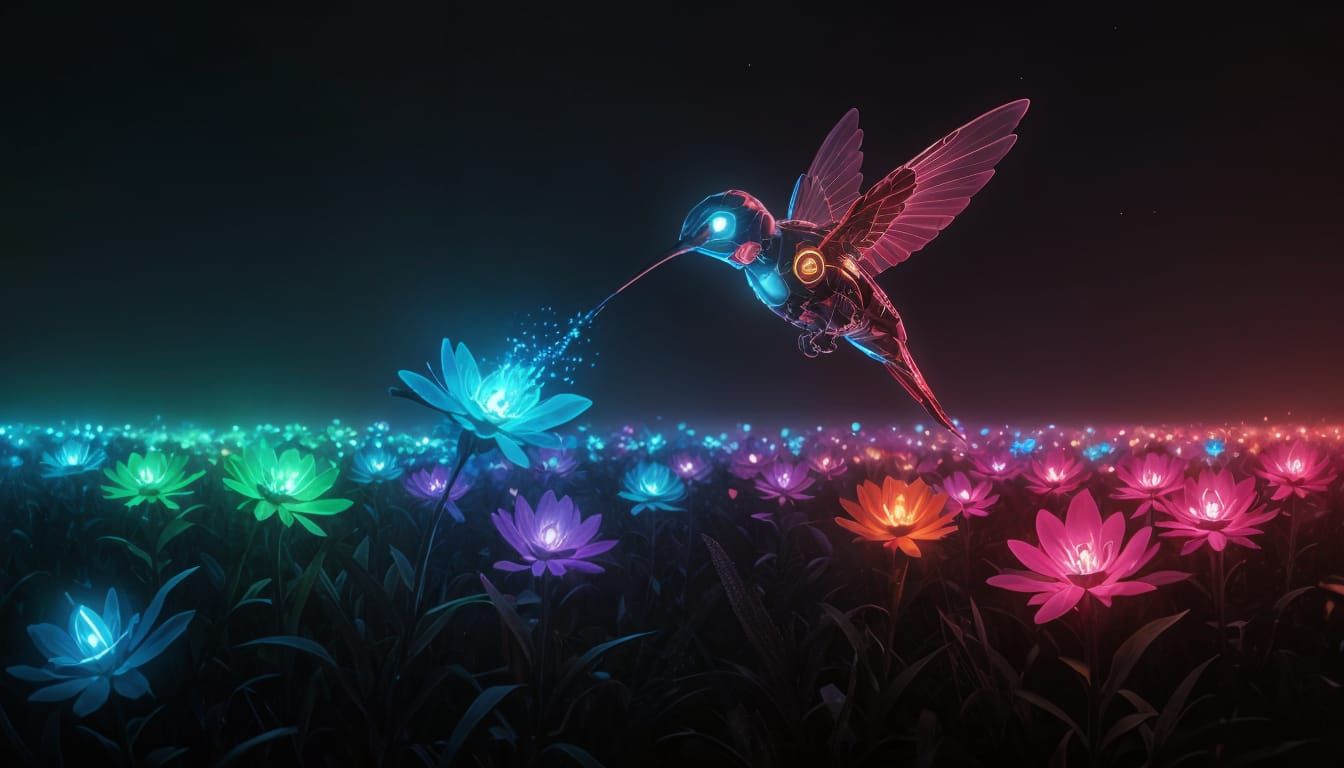 Cybernetic Hummingbird in Neon Landscape