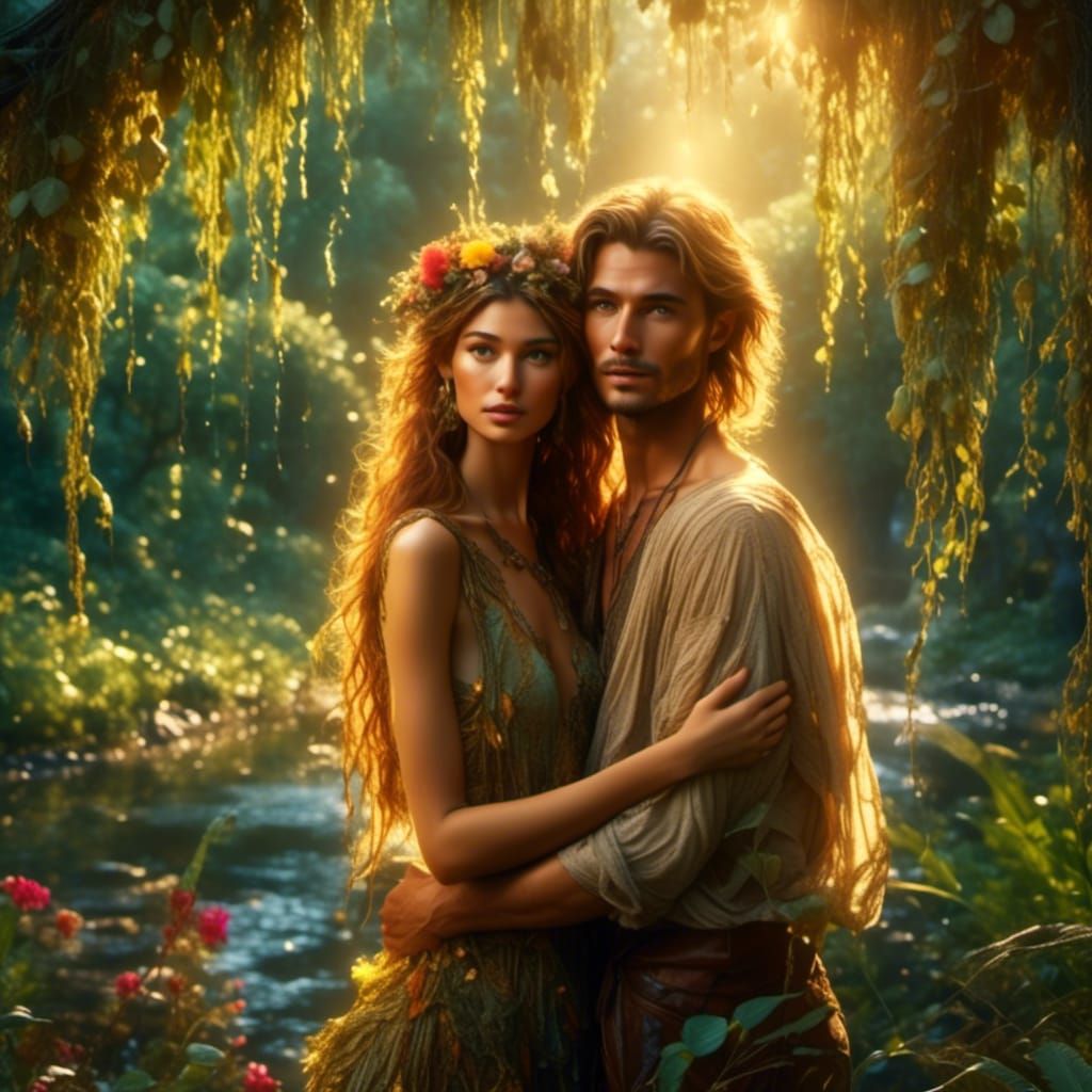 Romantic Embrace in Sunlight: Realistic Photo