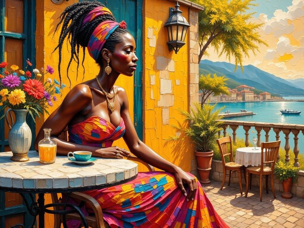 Caribbean Woman in Cafe as Impasto Oil Painting