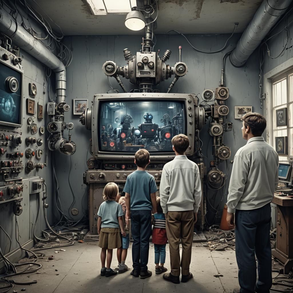 Family Watches Scary TV in Sci-Fi Lab