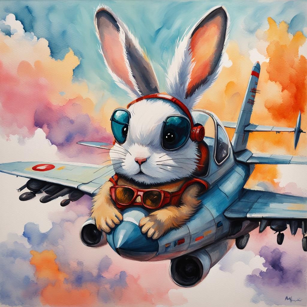 Fluffy Rabbit Pilot in Fighter Jet, Gouache Style