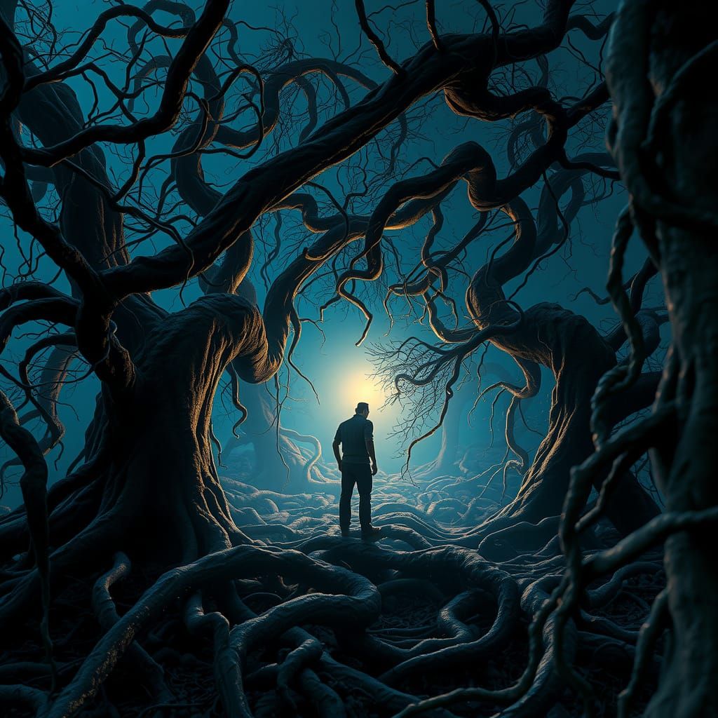 Eerie Figure Retreats into Shadowy Forest