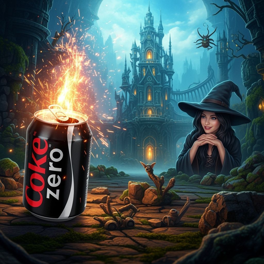 Witch's Satisfied Smile Over Exploding Coke Can