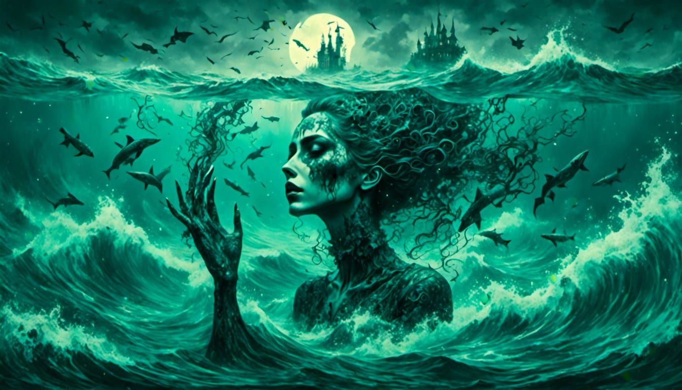 Surreal Drowning Portrait in Melancholy Seascape