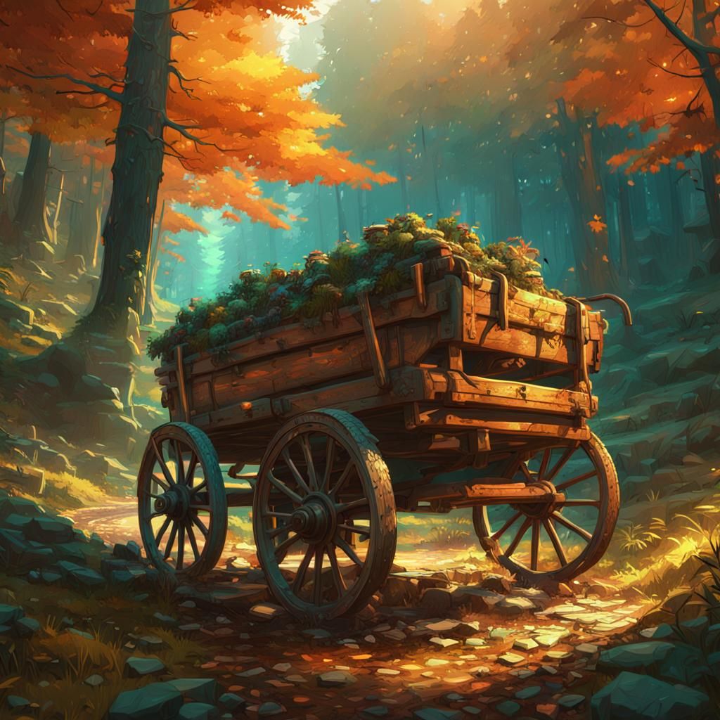 Broken Wagon on Forest Trail: Detailed Concept Art
