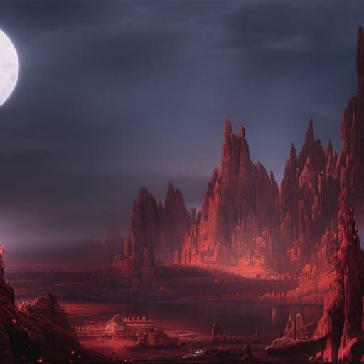 Dramatic Crimson Moon Digital Matte Painting