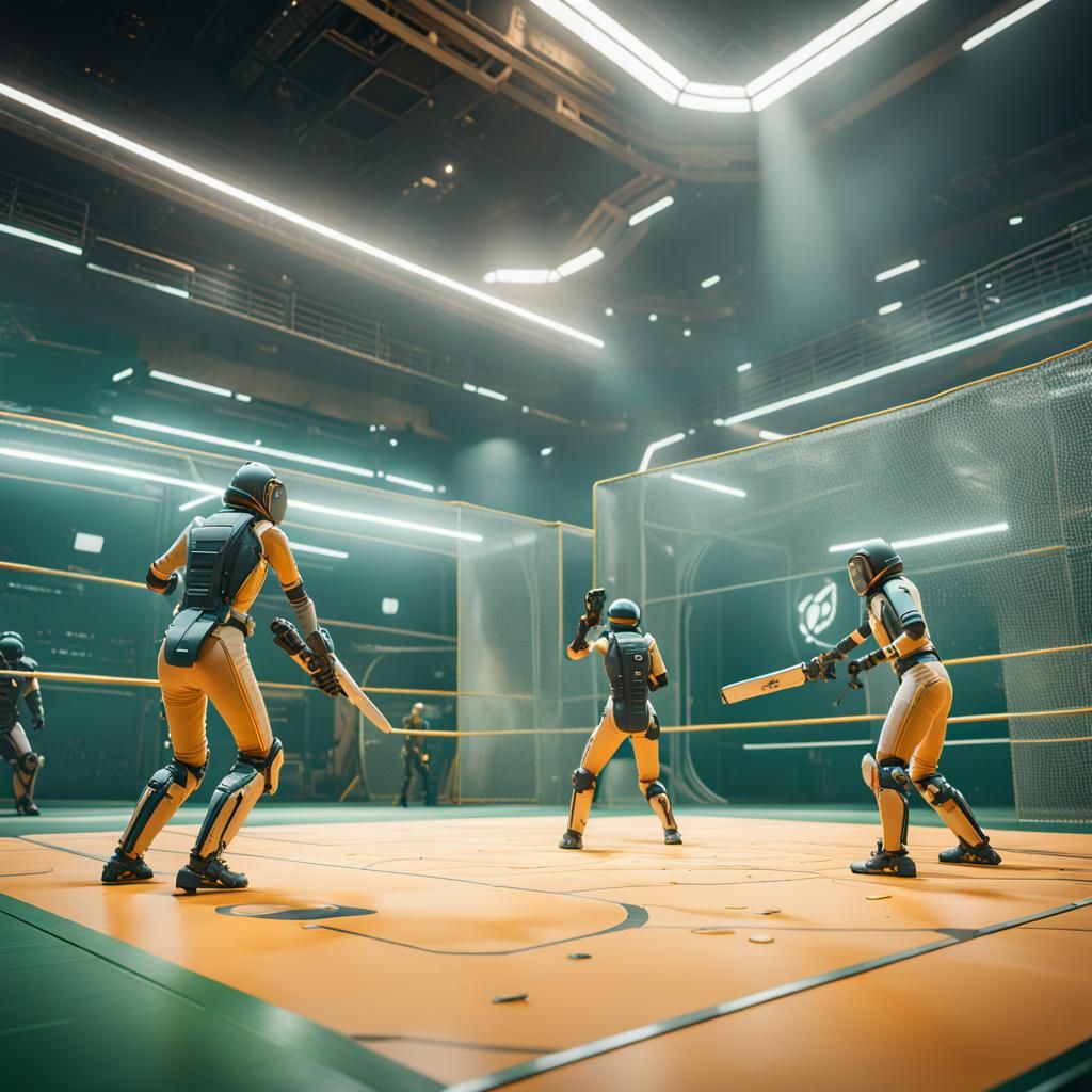 detailed futuristic Jai alai match, 3D Game Cinematic Feel, Epic 3D Videogame Graphics, Intricately Detailed, 8K Resolu...