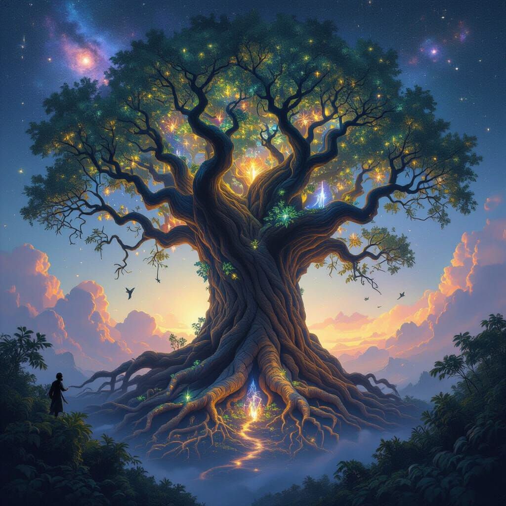 Ancient Cosmic Tree Reaching Galaxies in Fantasy Art Style