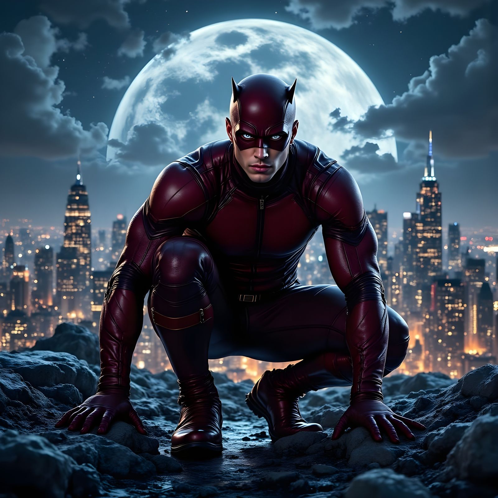 Dark Red Daredevil Crouches on Rooftop at Night