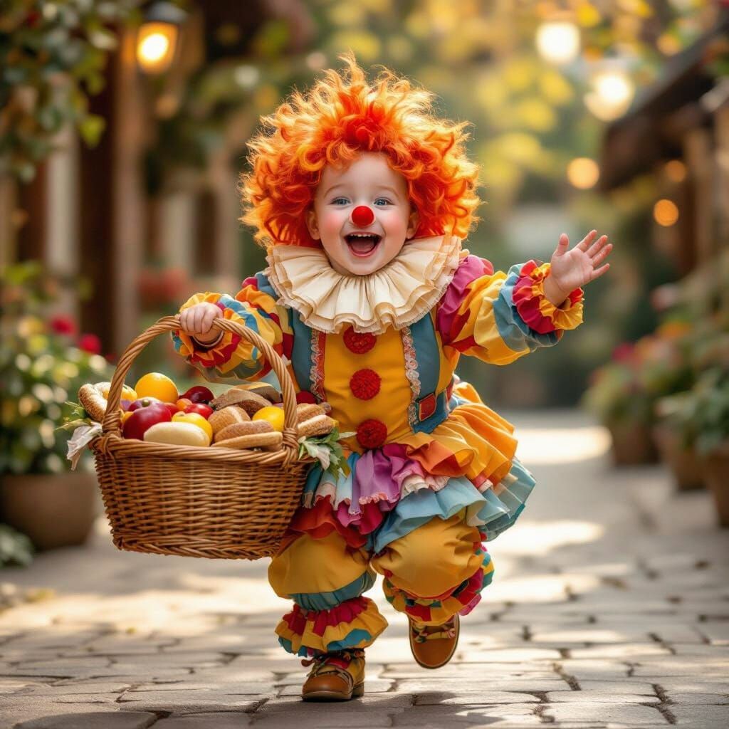 Joyful Clown Child with Fruit Basket in Whimsical Style