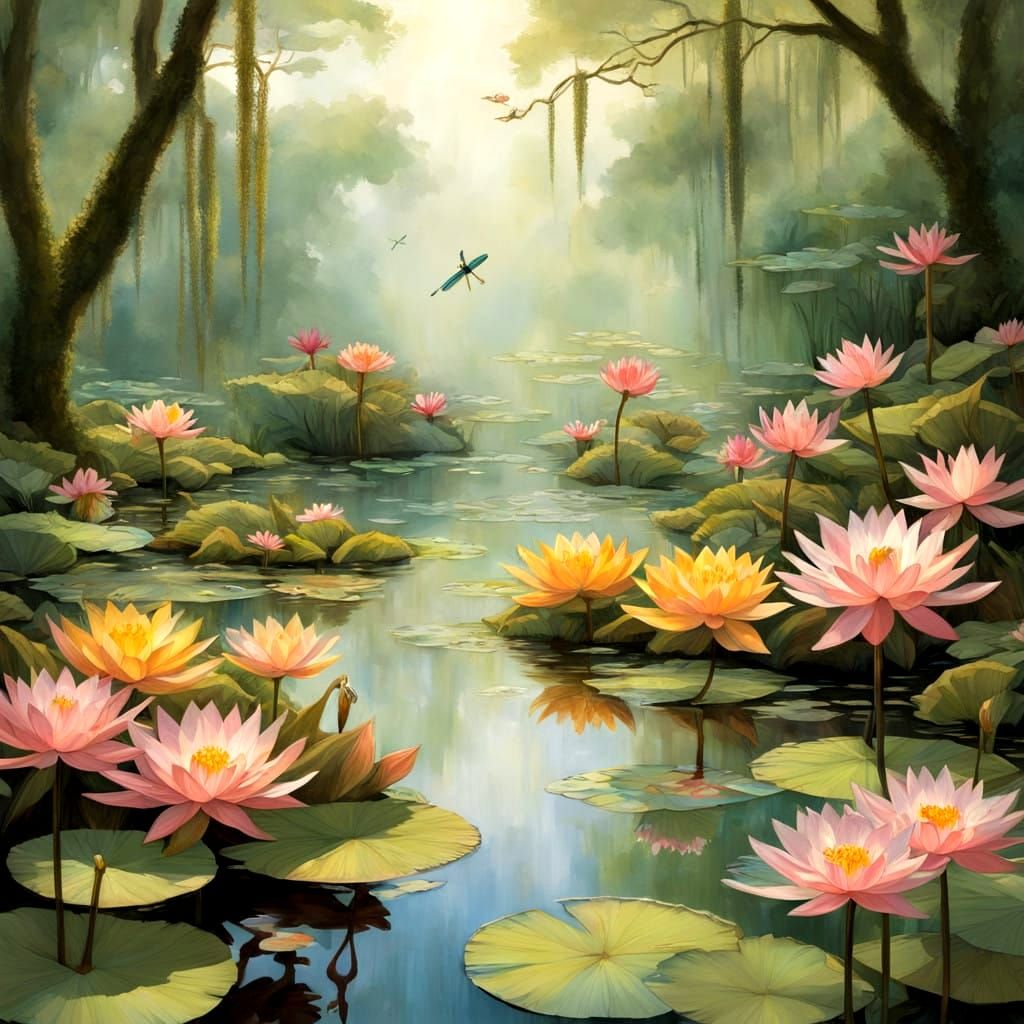 Vibrant Swamp Ecosystem in Water Lily Paradise