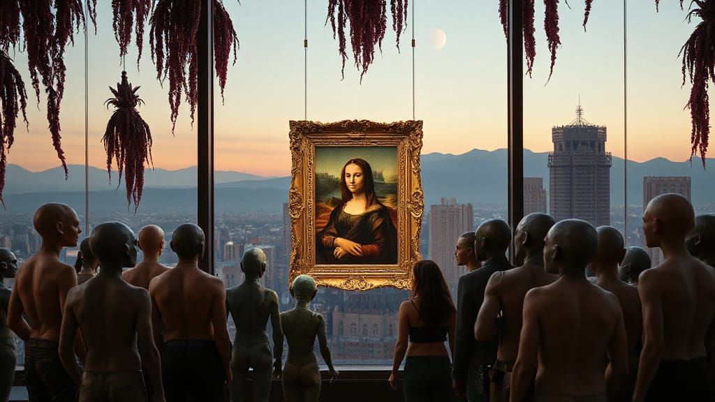 Aliens Admire Mona Lisa in Exotic Museum