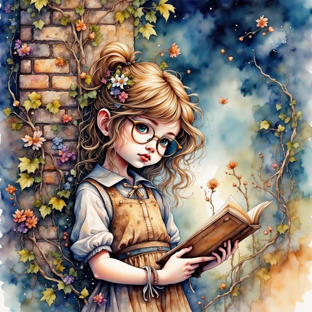 Girl Sketching by Ivy Wall Under Starry Sky