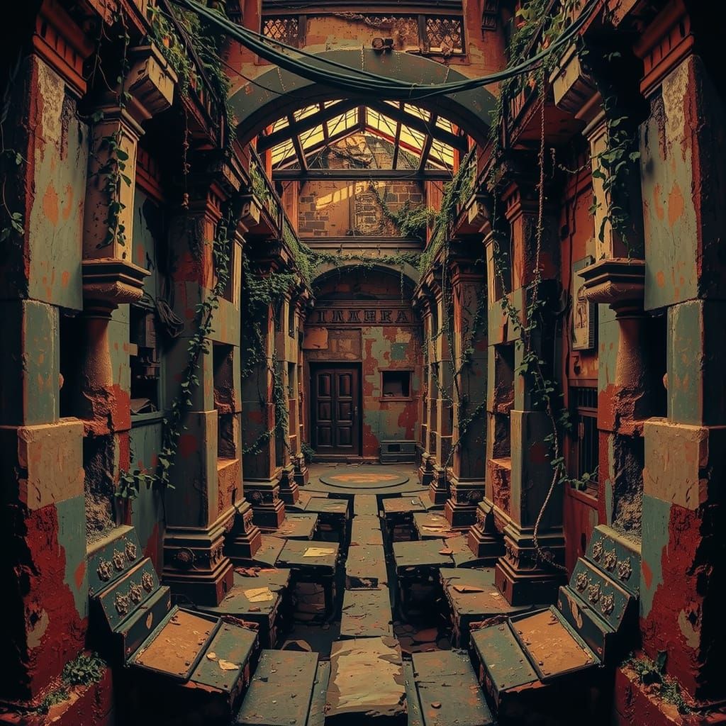 Abandoned City with Vines and Atmospheric Lighting