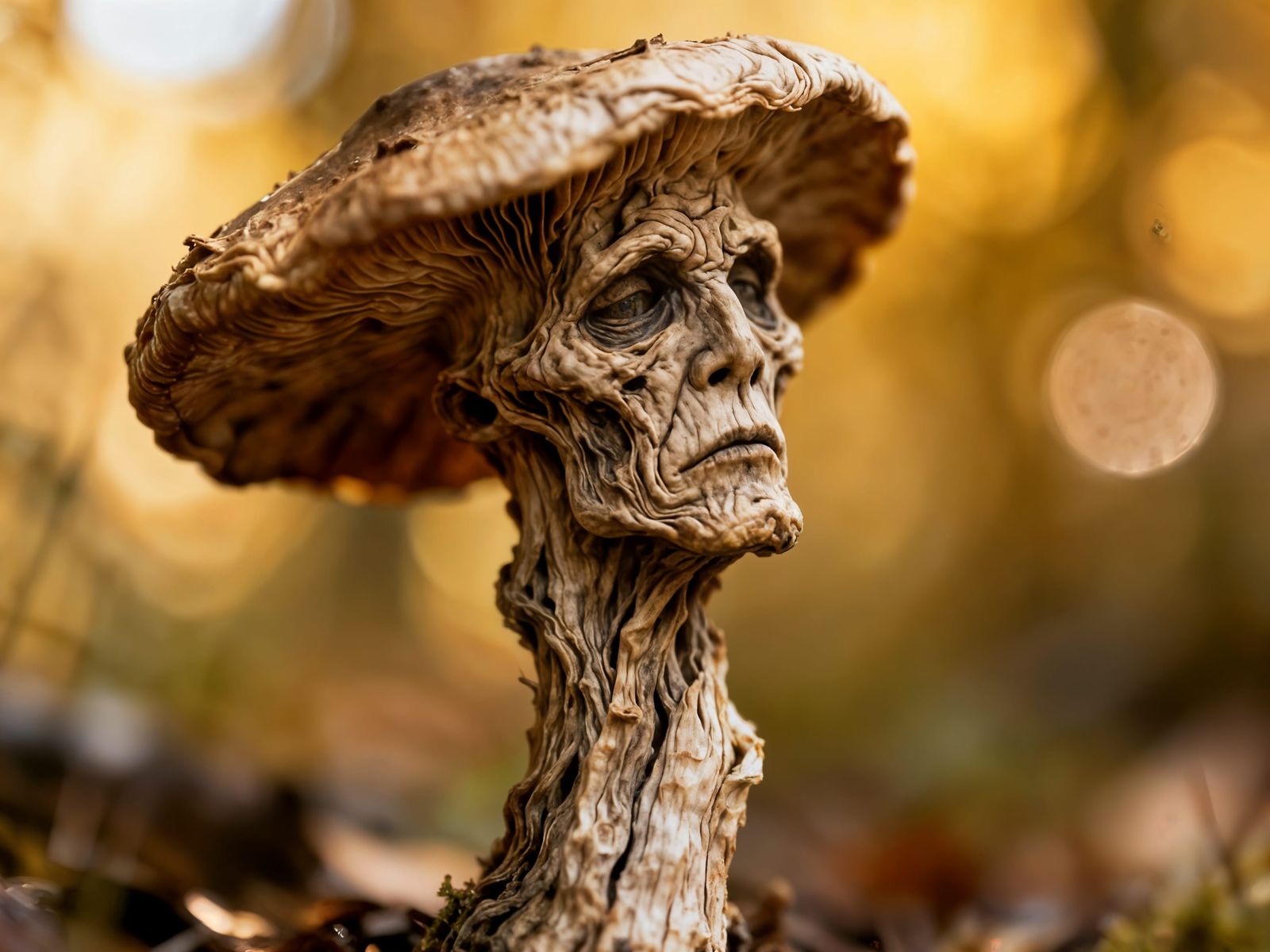 Close-Up of an Old Anthropomorphic Mushroom in Bokeh