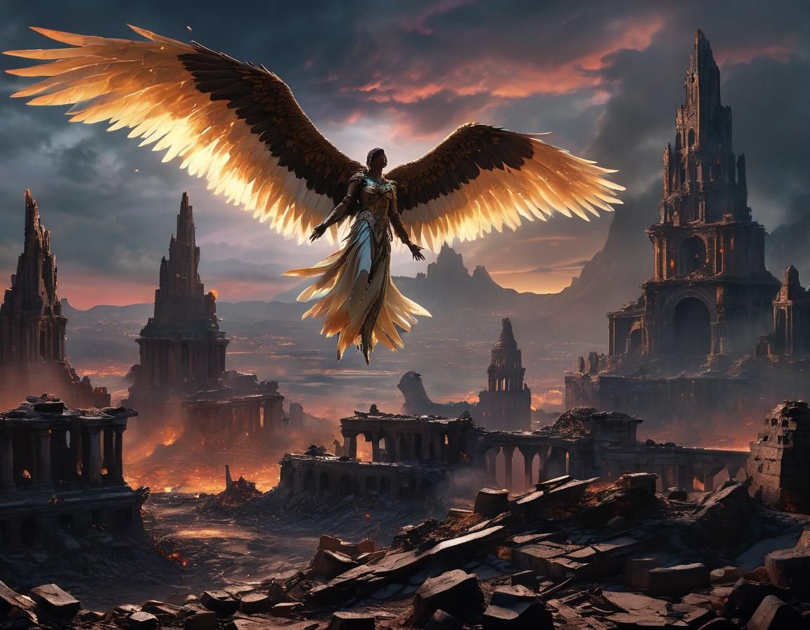 Blazing Angel Over Wasteland in Oil Painting Style