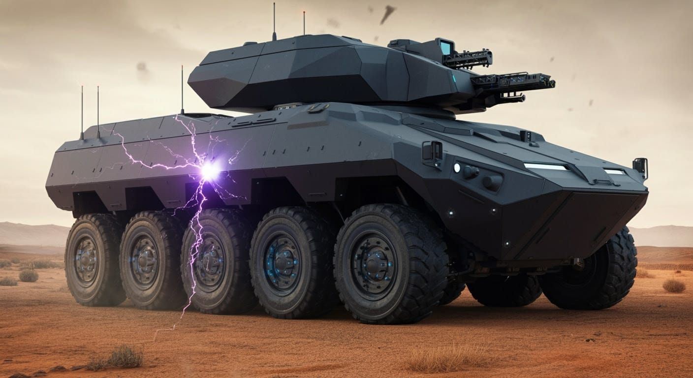 Futuristic Armored Vehicle EMP Test in Syd Mead Style