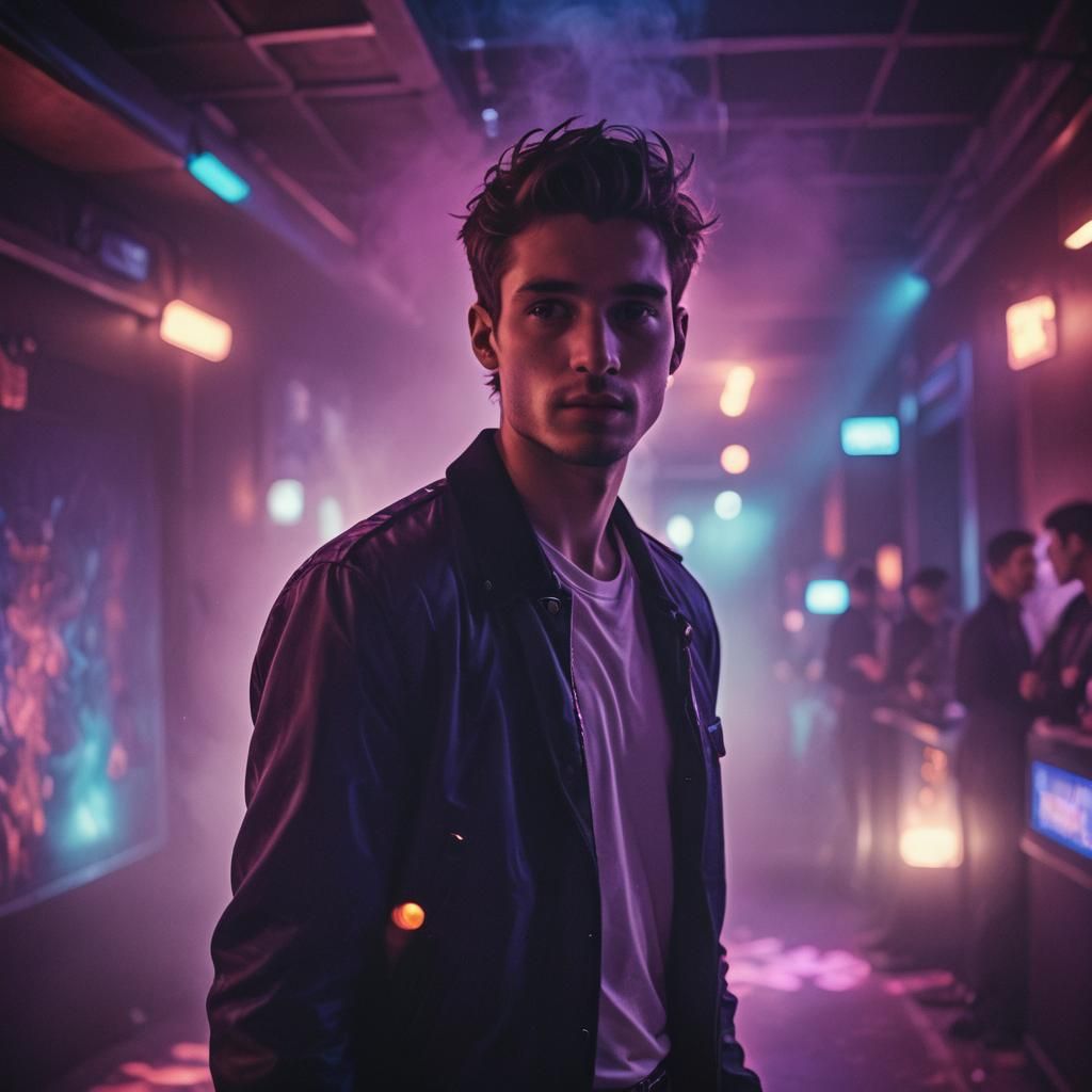 Cinematic Nightclub Scene with Neon Lights and Film Grain