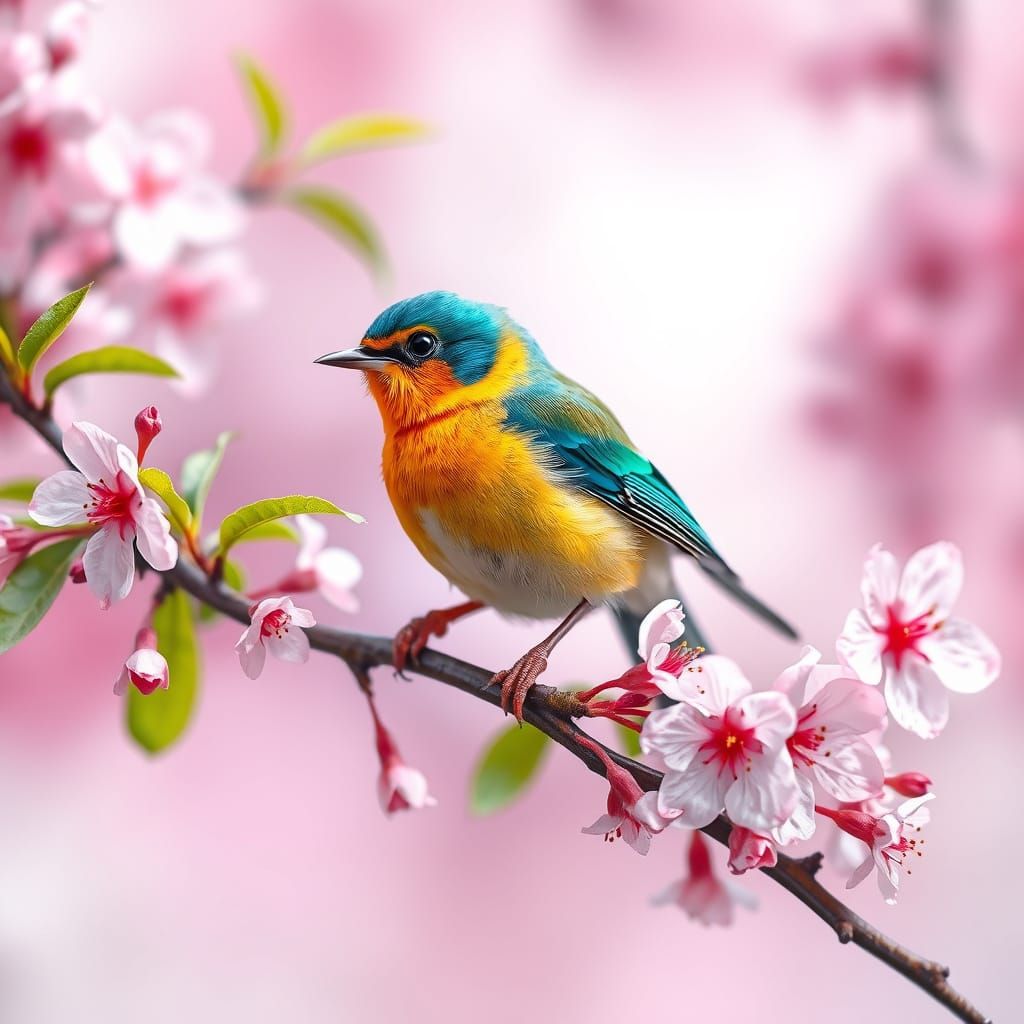 Vibrant Bird on Cherry Blossom Branch in Alcohol Ink Style