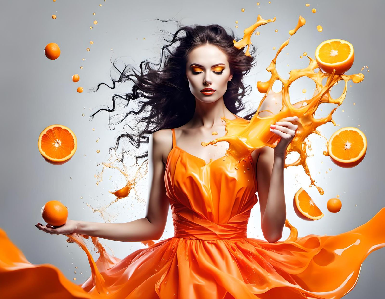 Girl in Orange Dress with Orange Juice Splashes