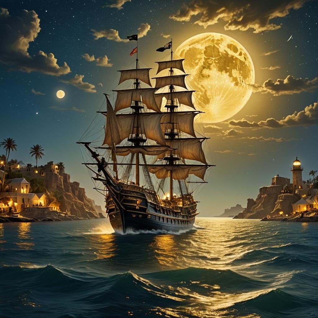 Mystical Pirate Galleon at Nubian Town in Impressionist Styl...