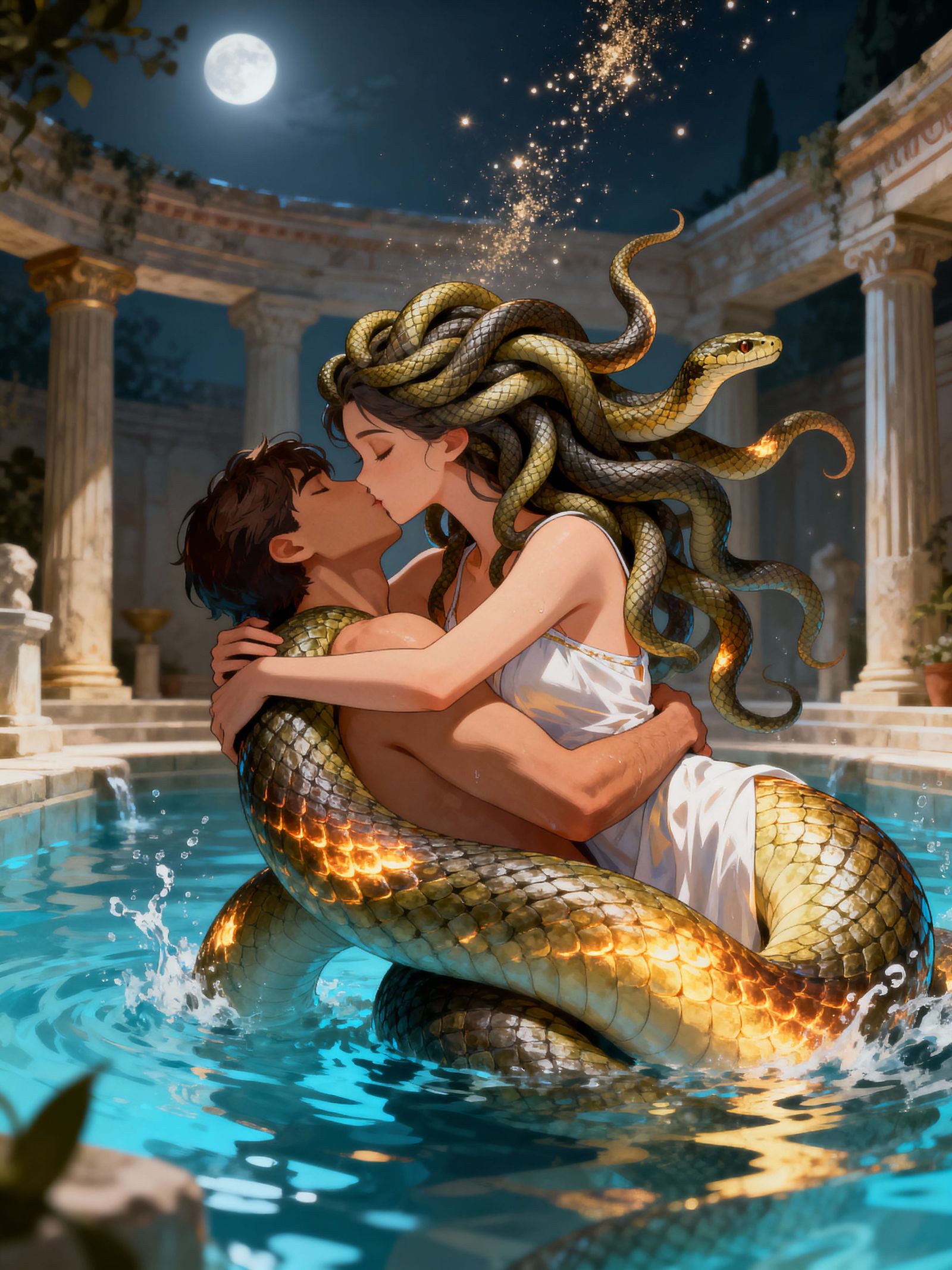 Medusa's Embrace: Ancient Bathhouse Romance in Anime Style