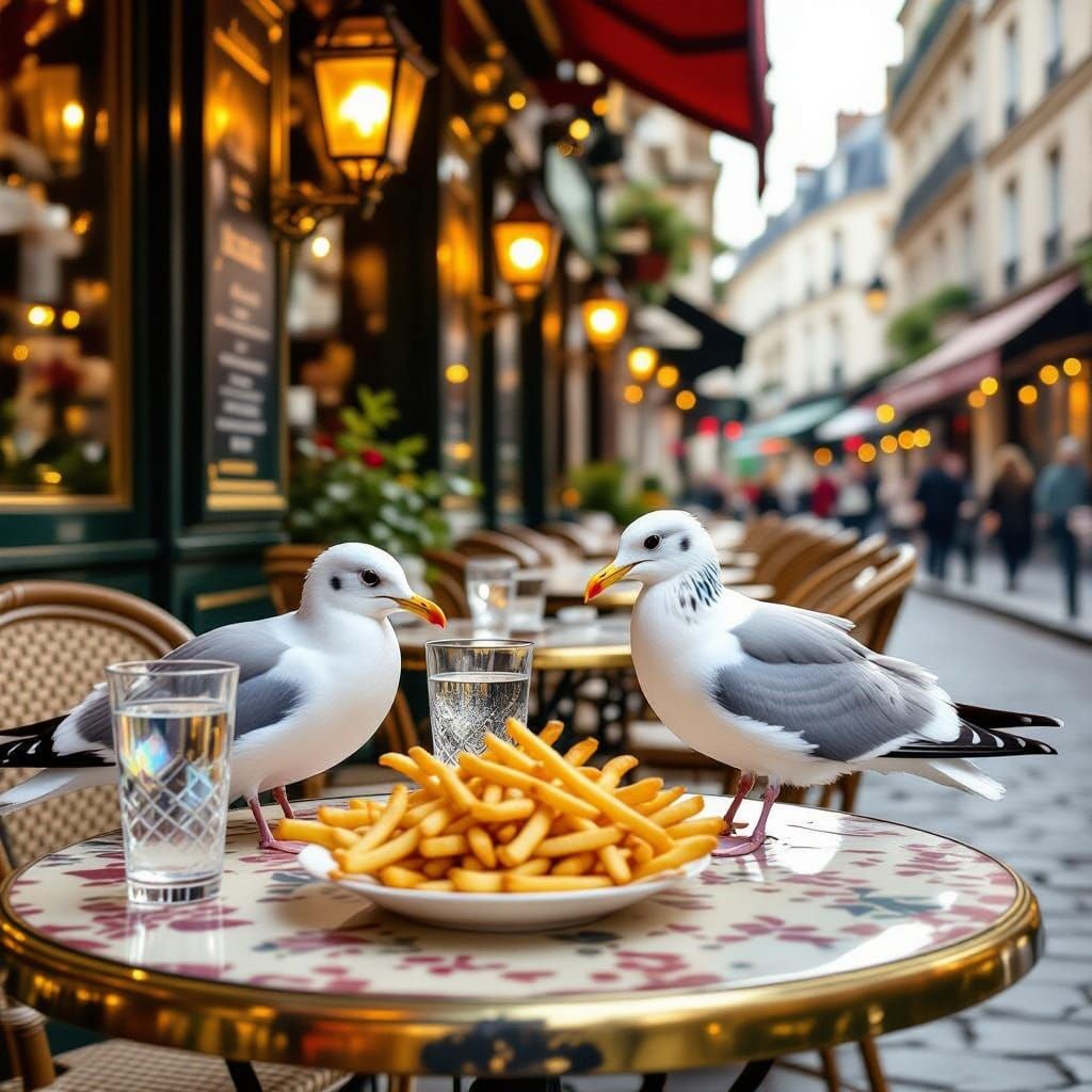 Rainbow Iridescent Seagulls Enjoy French Fries at a Parisian...