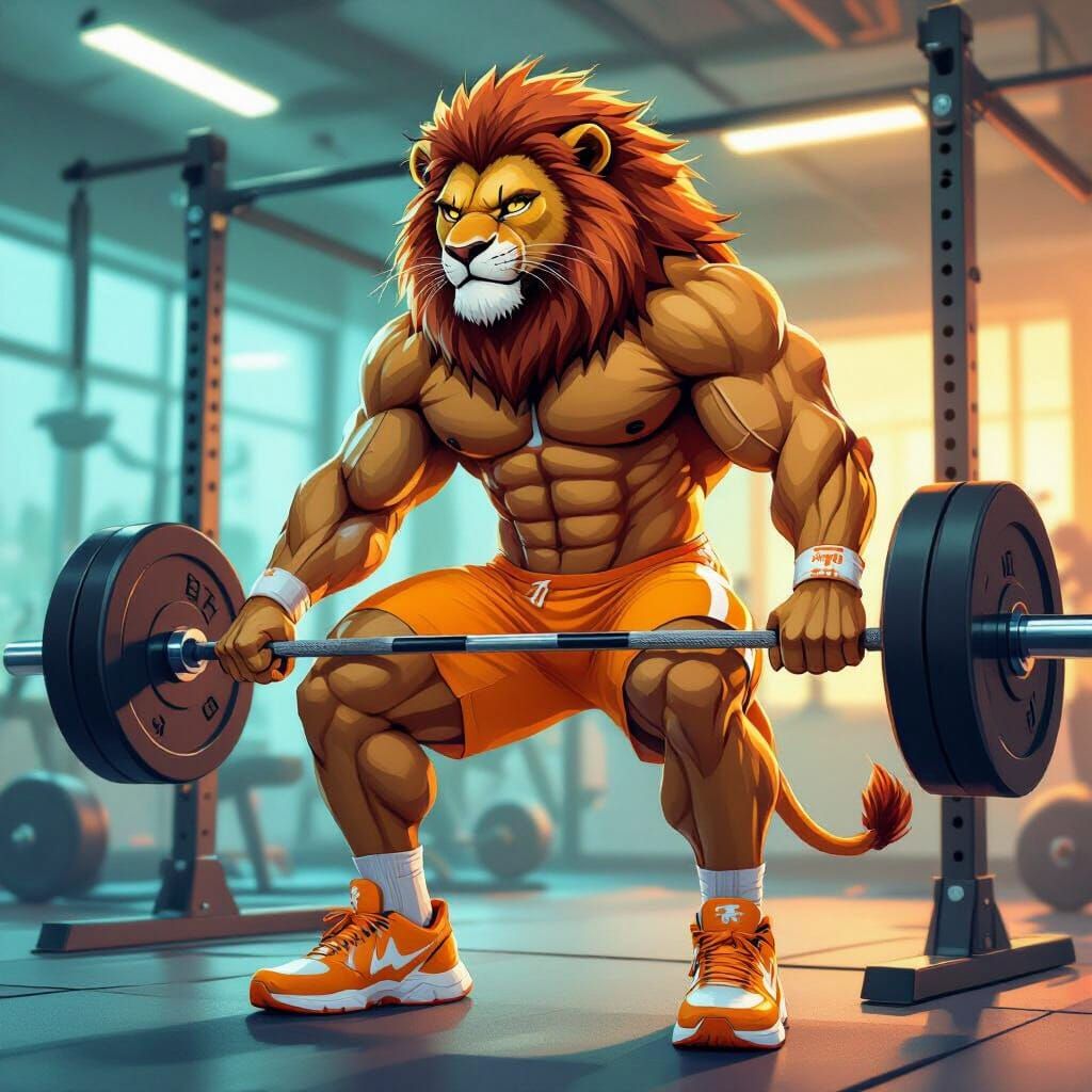 Muscular Lion Gym Workout in Cartoon Style