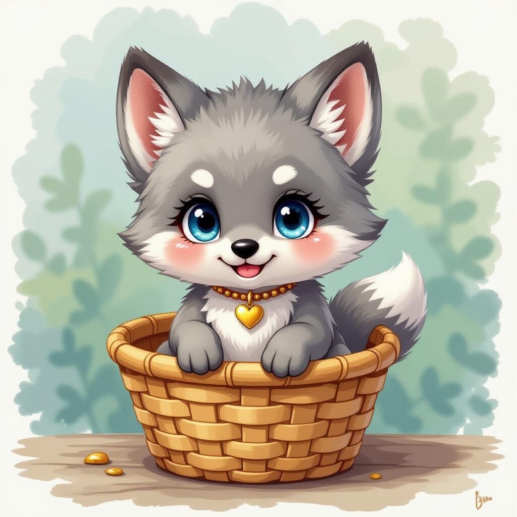 Adorable Chibi Wolf Baby in Waffle Cone, Watercolor Gouache ...