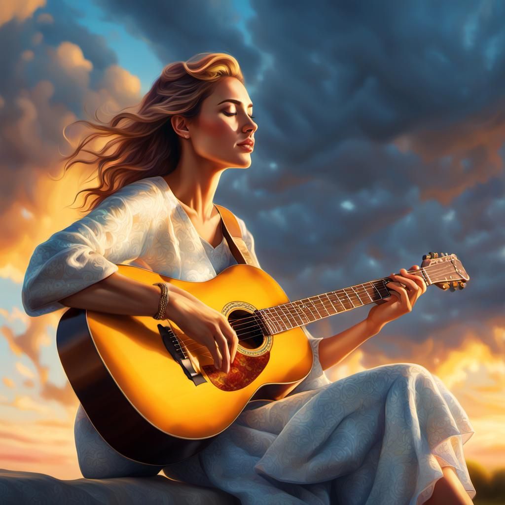 Woman Gazing at Guitar in Golden Hour Light