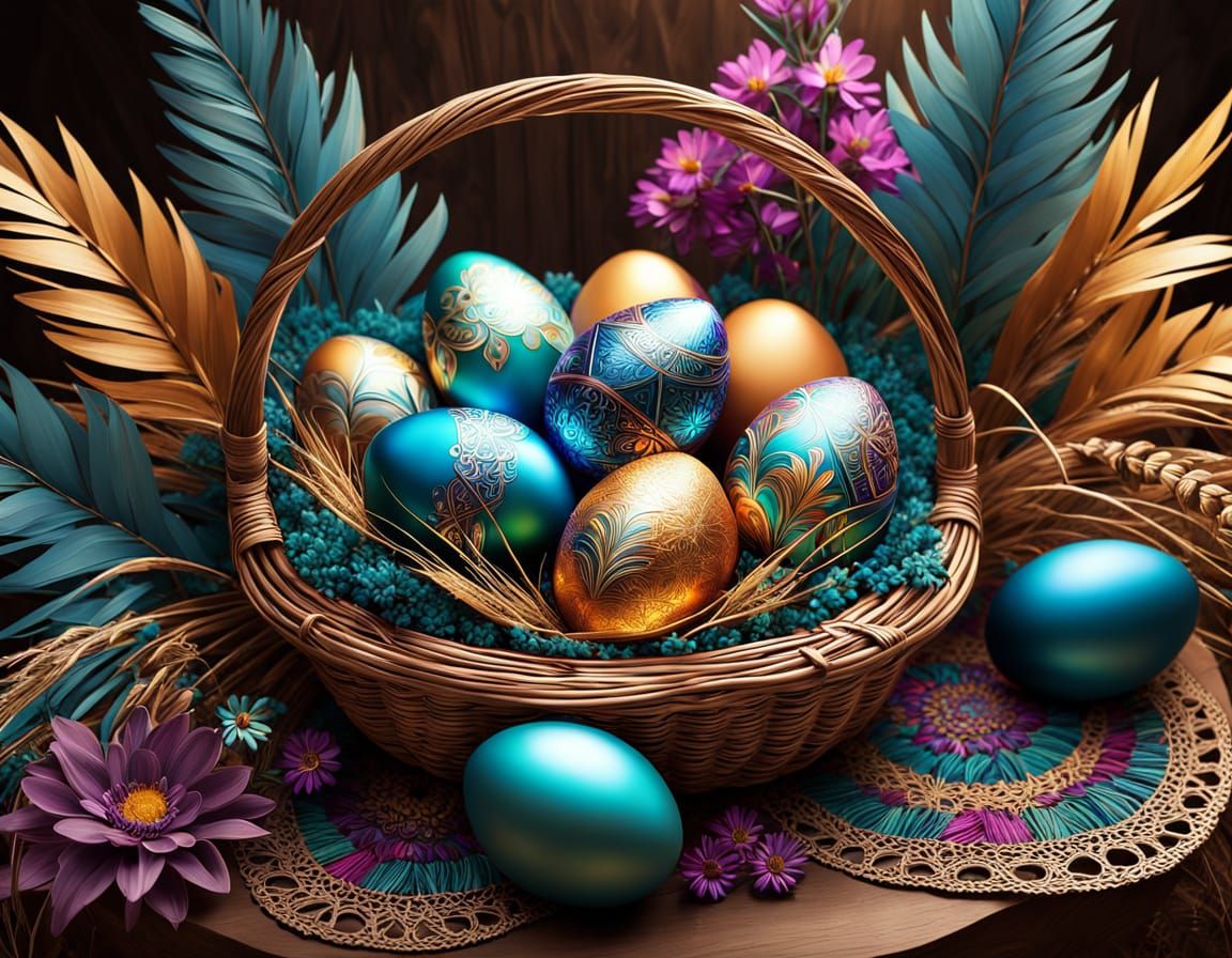 Vibrant Easter Egg Wicker Basket in Whimsical Fractal Art