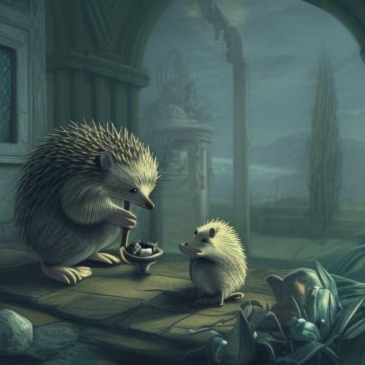 Hedgehog and Mice in Dark Fantasy Art Nouveau Style