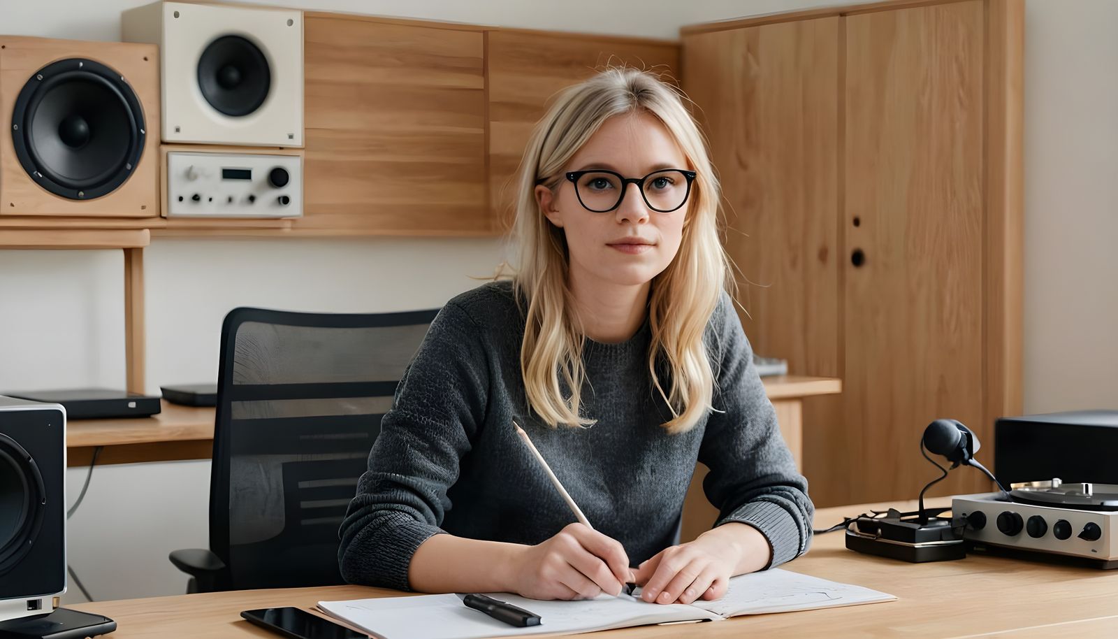 A modern, sleek podcast studio with a beautiful 30-year-old ...