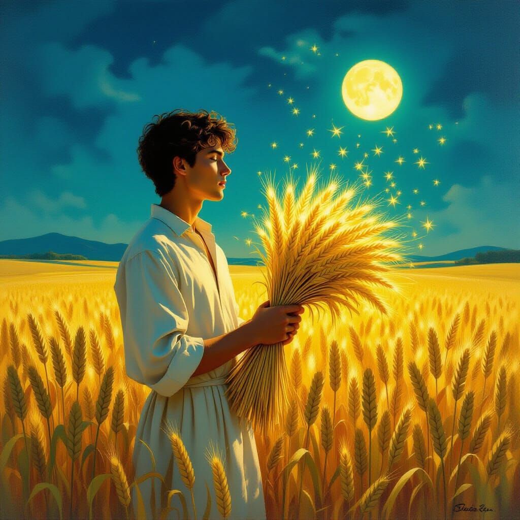 Trittolemo's Mystical Revelation in Surrealist Oil Painting