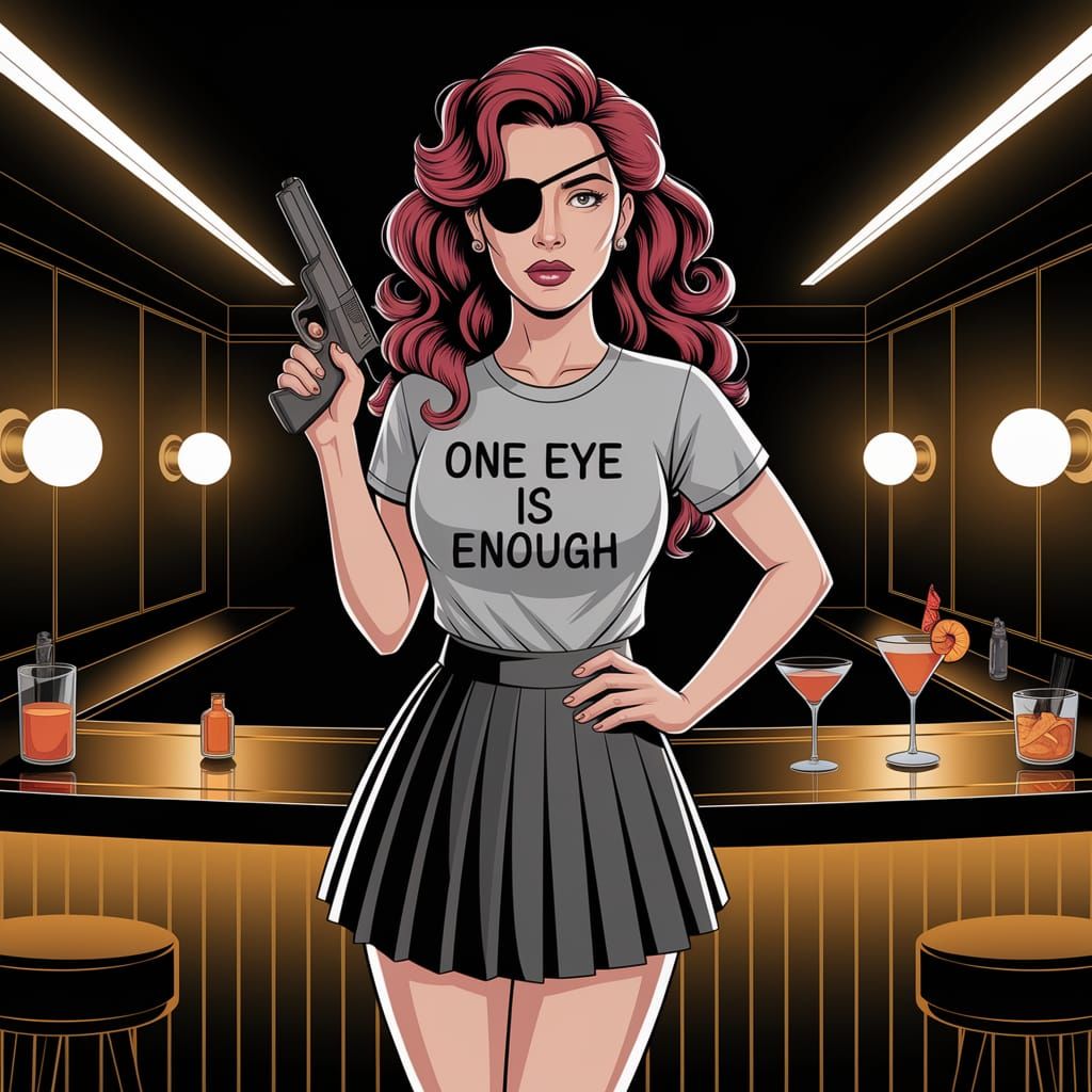 Bond Girl in Cartoon Style with Eyepatch and Sassy T-Shirt