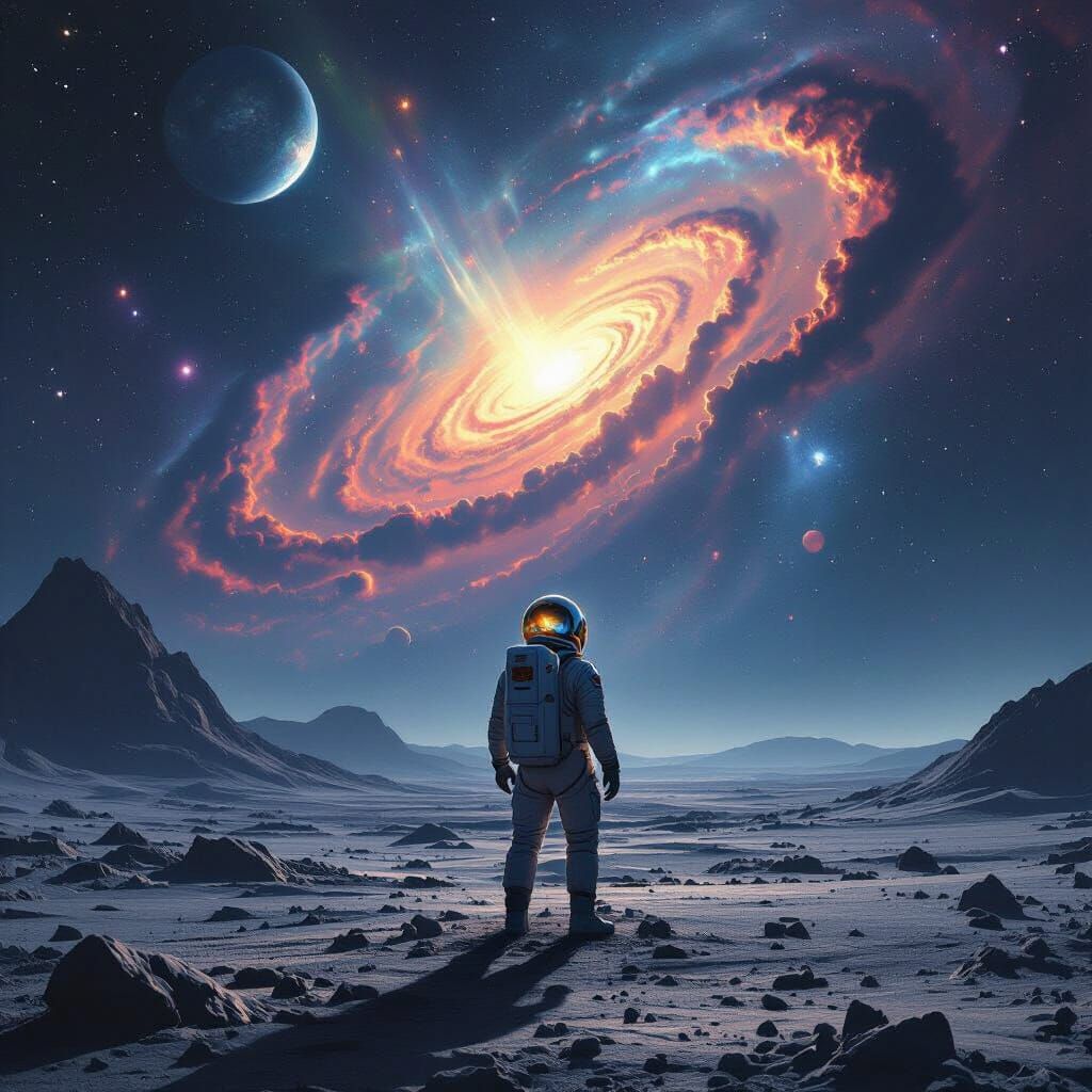 Astronaut on Alien Planet Gazing at Nebula