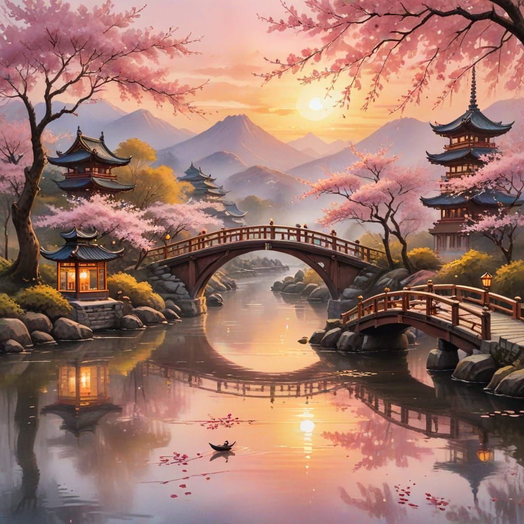 Golden Sunset Over Cherry Blossom River: Watercolour