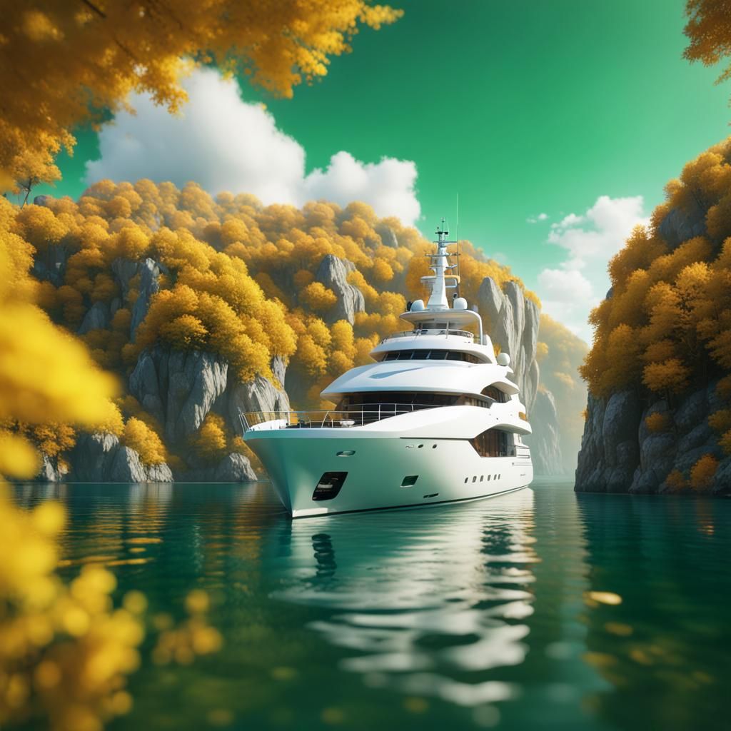 Luxury Yacht on Emerald Sea in Autumn Scenery
